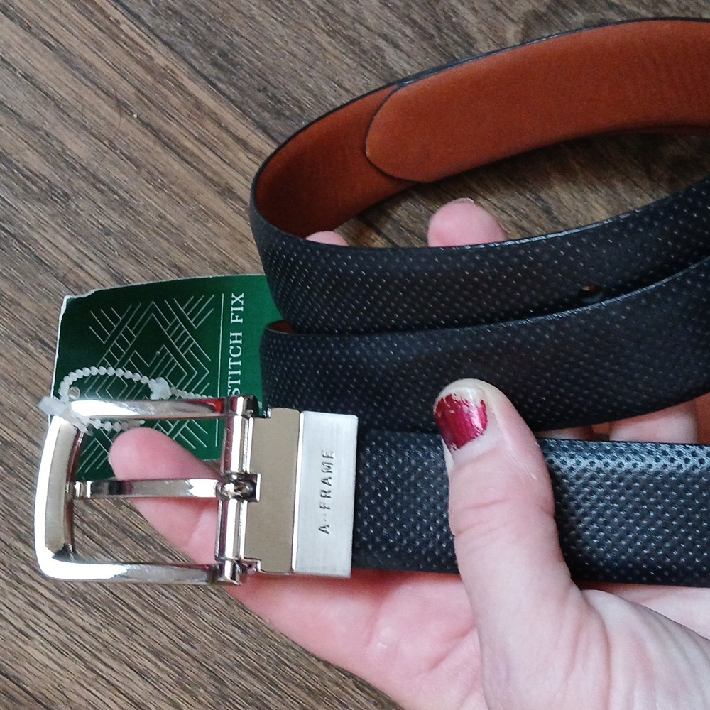 New A-Frame Stitch Fix Shane Lasered Dot Casual Reversible Black Leather Belt.